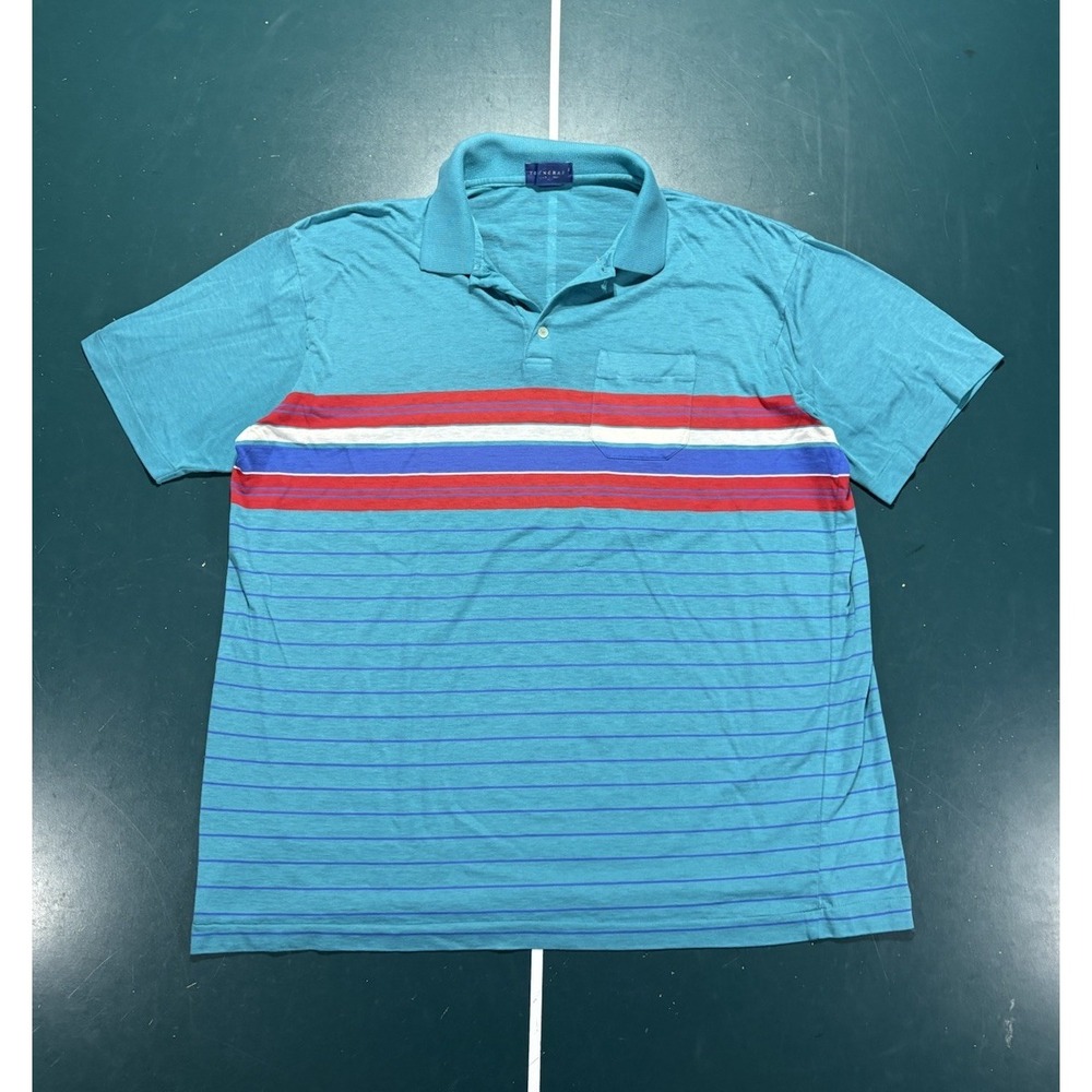 Vintage 80s Towncraft Striped Polo Shirt XL Paper Thin Single Stitch Turquoise